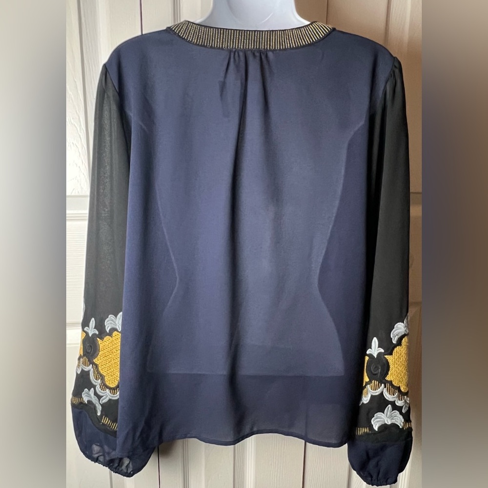 VANESSA VIRGINIA Embroidered Blouse Boho Black Blue Sheer Anthropologie Large - Picture 4 of 11
